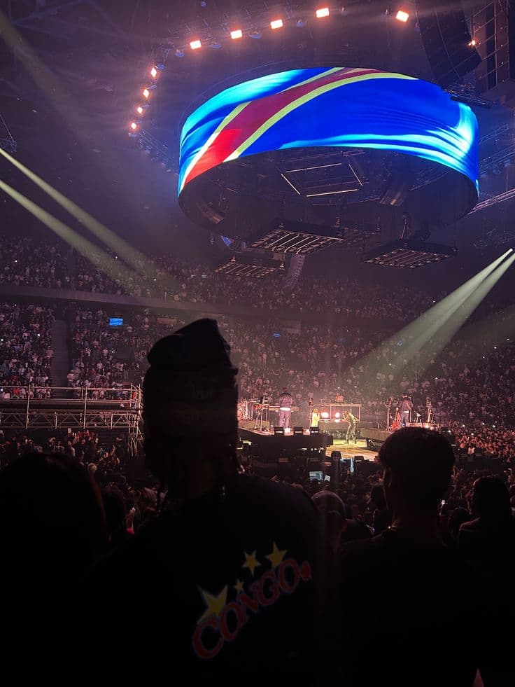 Concert dans une grande salle, écran et foule