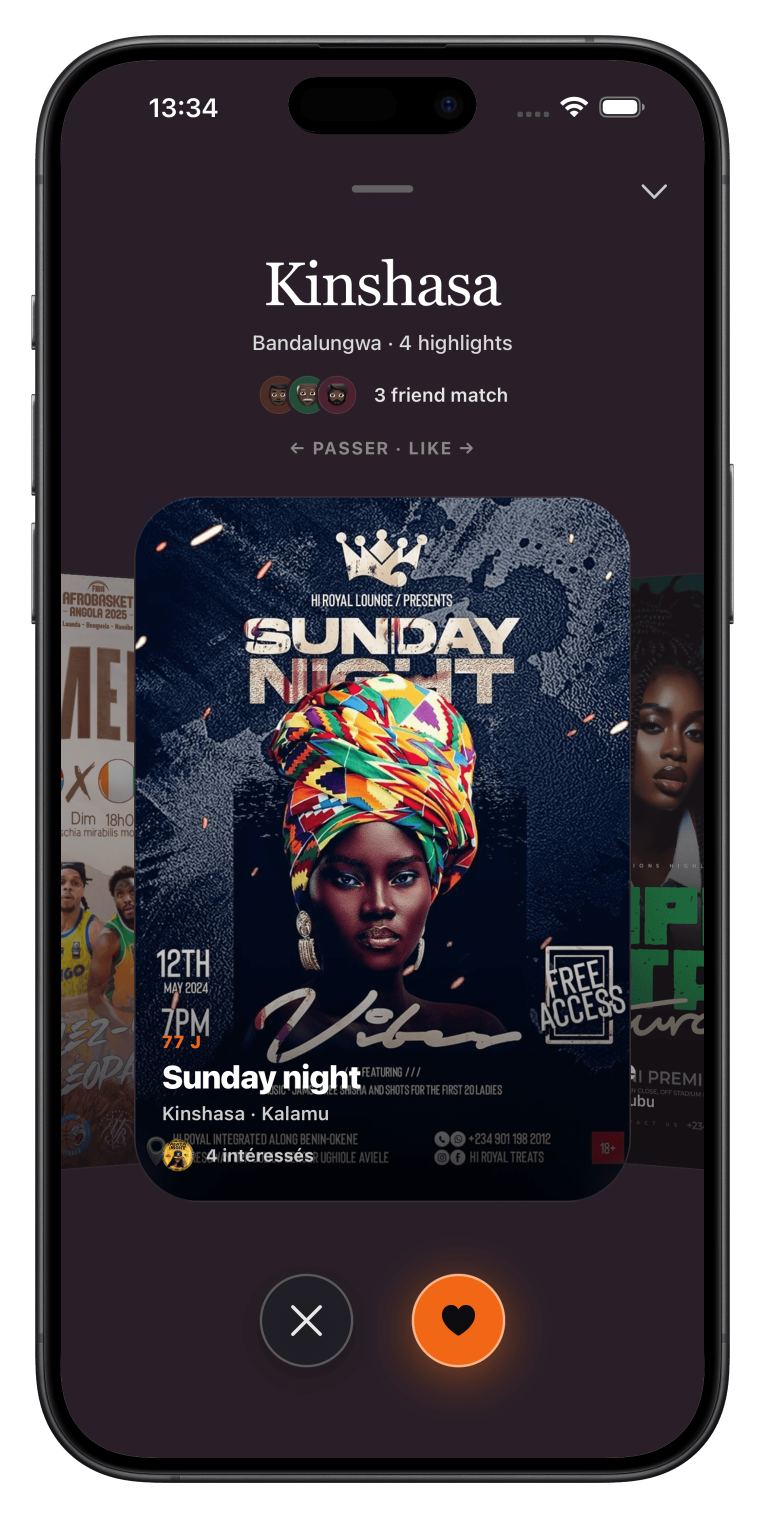 Chama — mode swipe immersif